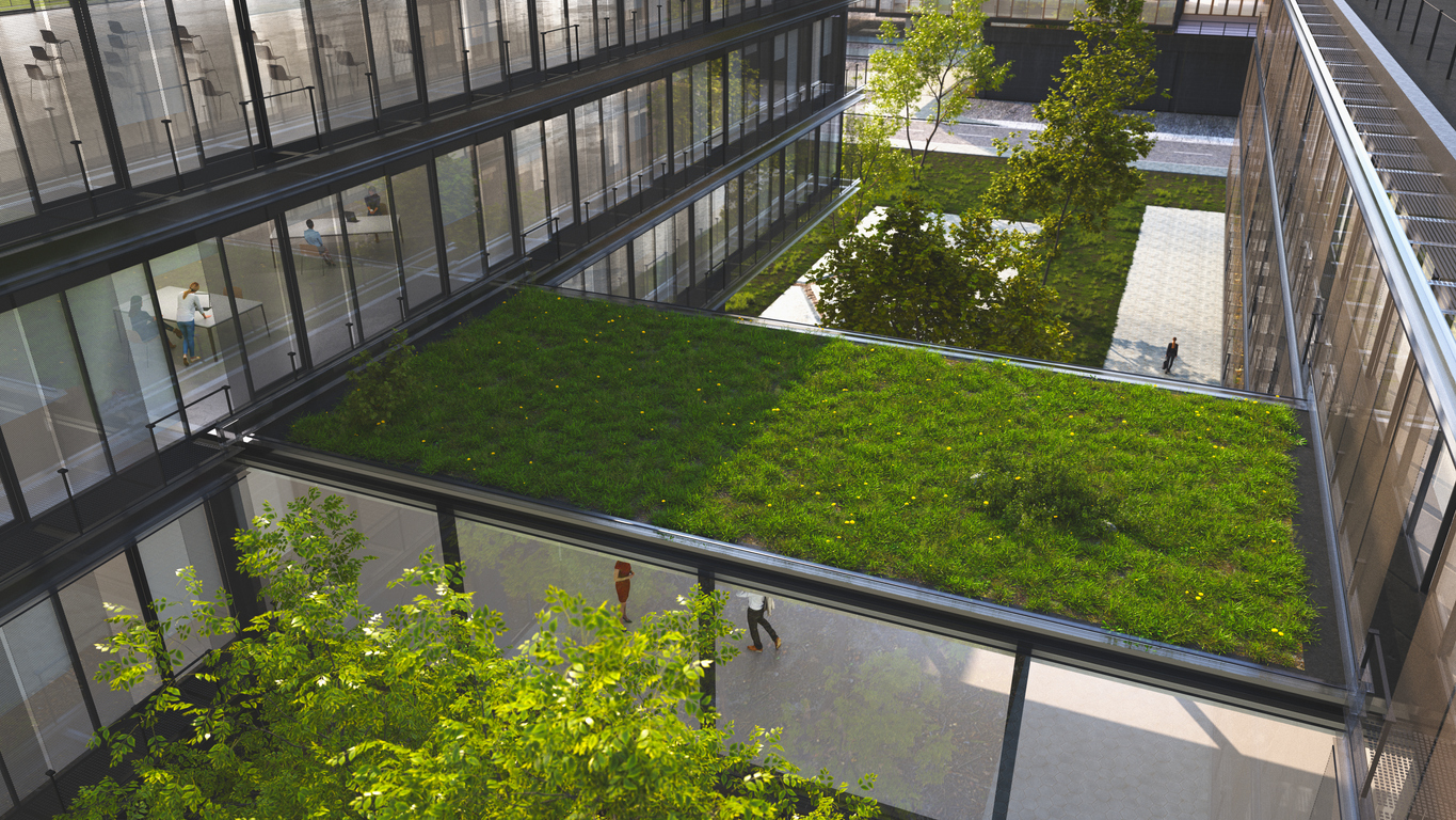 green landscape roofing bridging two buildings